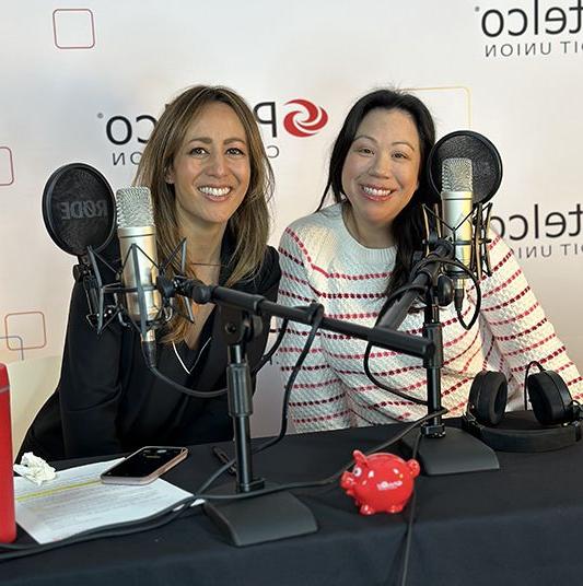 Patelco employees Michele Enriquez and Kristi Longoria at the podcast desk