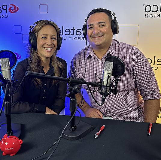 Patelco employees Michele Enriquez and Mel Murguia at the podcast desk